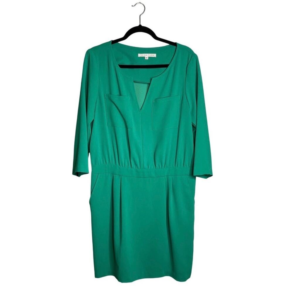 Trina Turk Green Dress V-Neck 3/4 Sleeves Pockets Size 10 - Picture 3 of 9